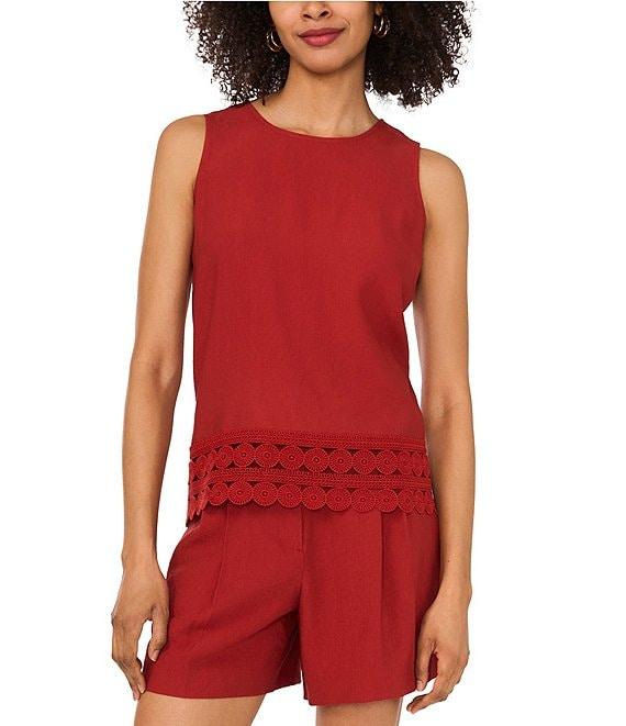 Vince Camuto Coordinating Woven Crew Neck Sleeveless Lace Hem Blouse Product Image