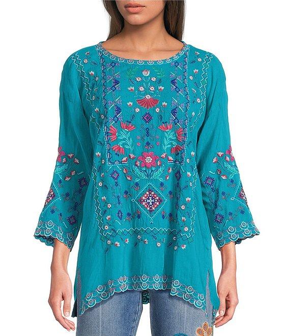 JOHNNY WAS Brixley Embroidered Round Neck 3/4 Sleeve Tunic Product Image