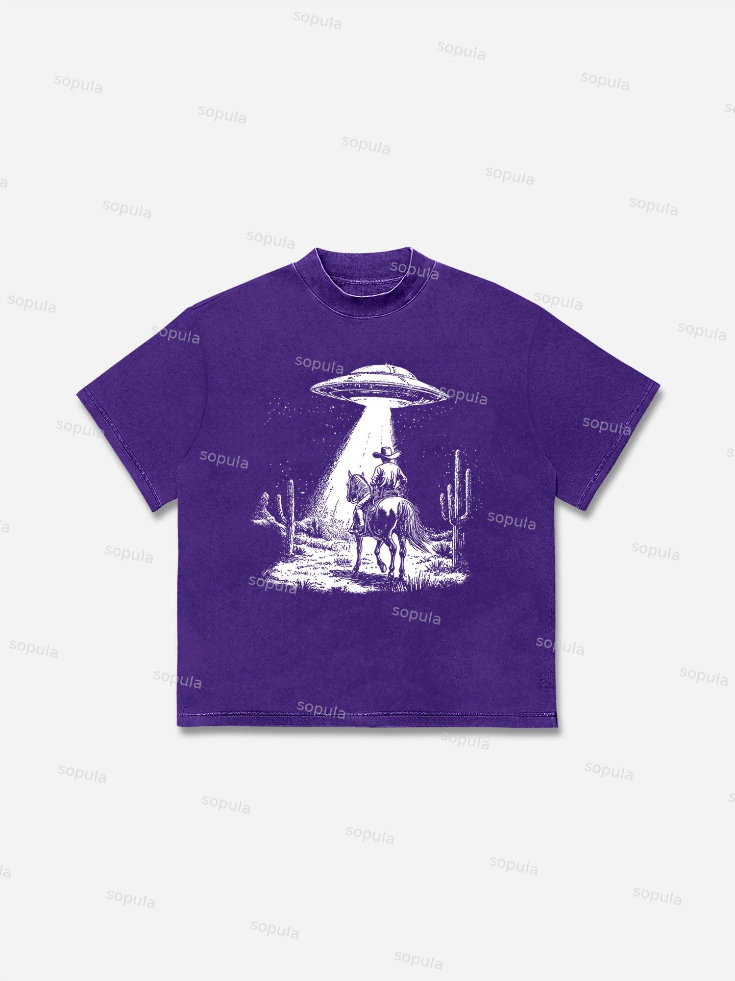 Ufo Western Cowboy Graphic Cotton T-shirt Product Image