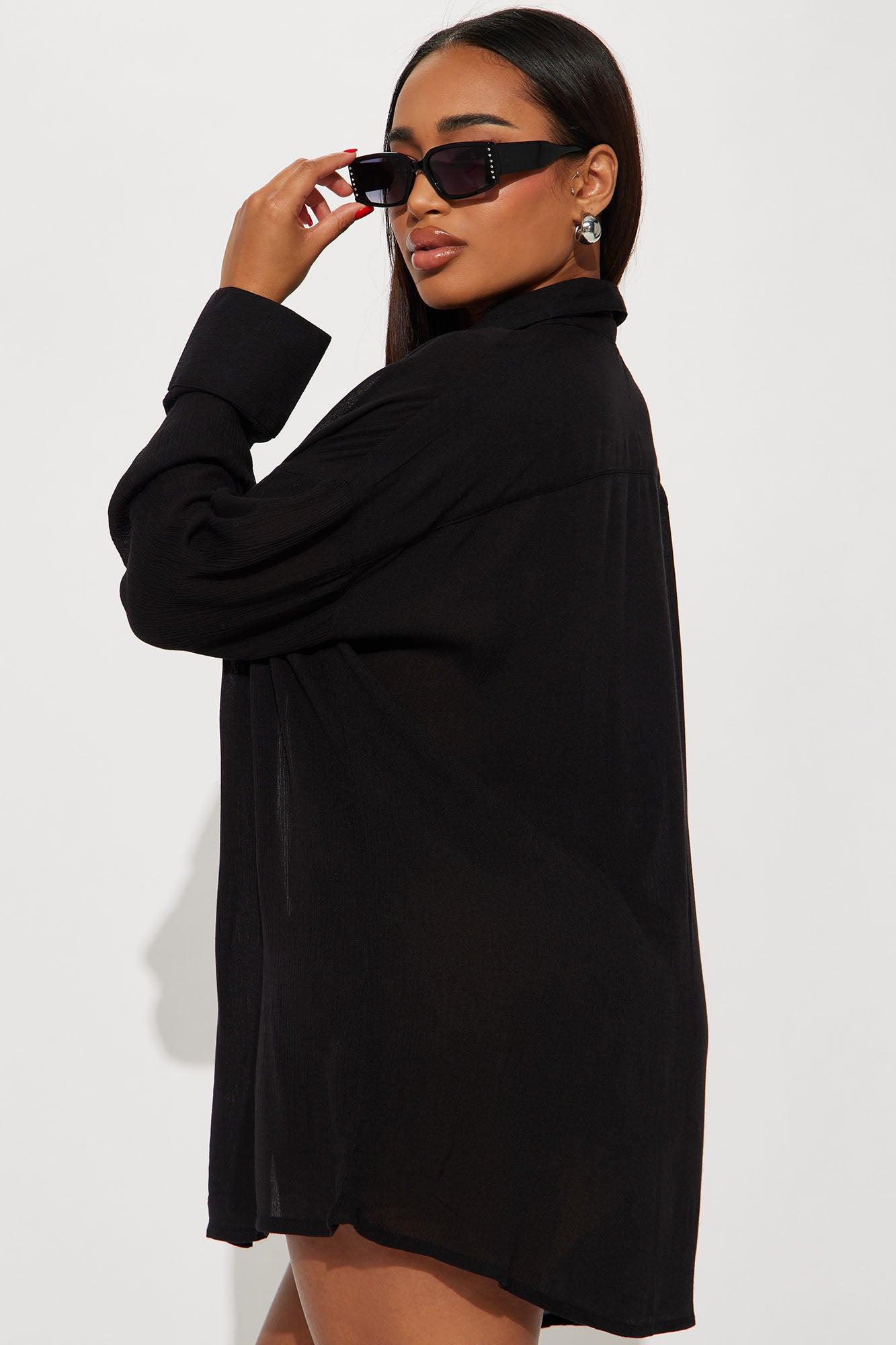 Breezy Nights Linen Pocket Cover Up Shirt - Black Product Image