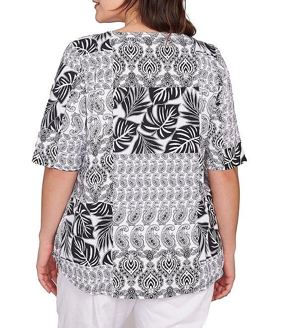 Ruby Rd. Plus Size Bali Patchwork Print Split V-Neck Short Sleeve Knit Tee Product Image