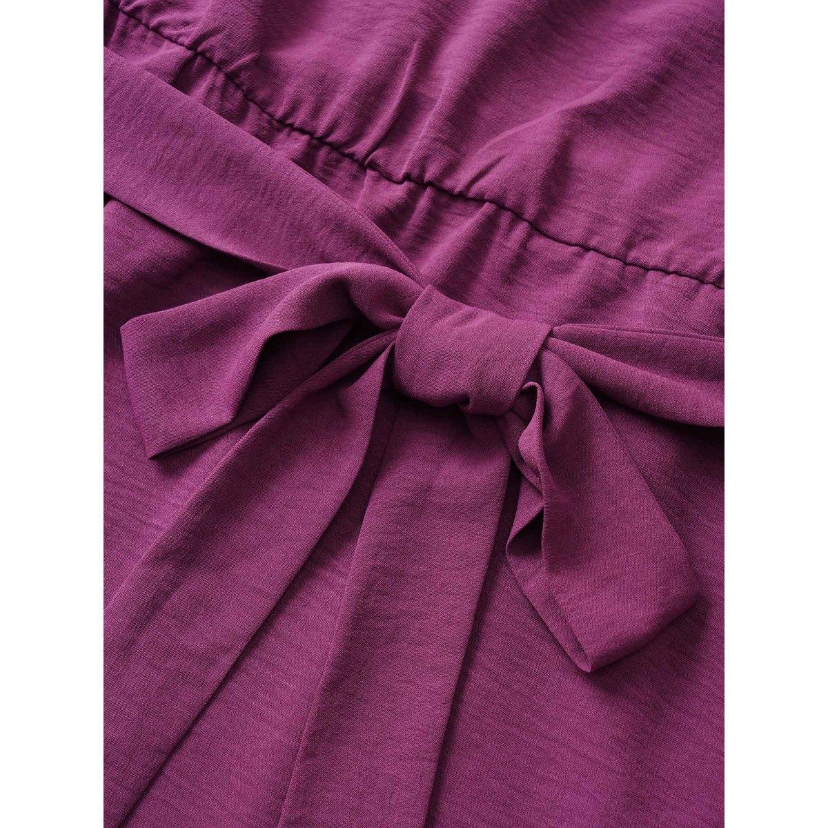 Plus Size Solid Lace Panel Cut Out Belted Gathered Dress Purple Women Elegant Non Notched collar Long Sleeve Curvy Knee Dress BloomChic 18-20/2X Product Image