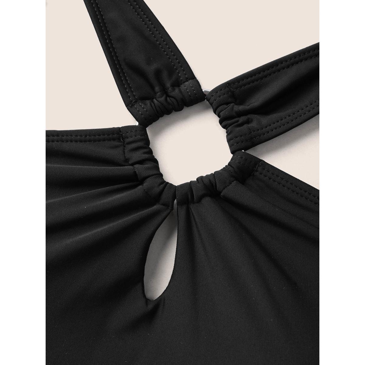 Plus Size Asymmetrical Neck Cut Out Gathered Swim Top Women's Swimwear Black Beach Cut-Out High stretch Skinny Asymmetrical Neck Curve Swim Tops BloomChic 30/6X Product Image