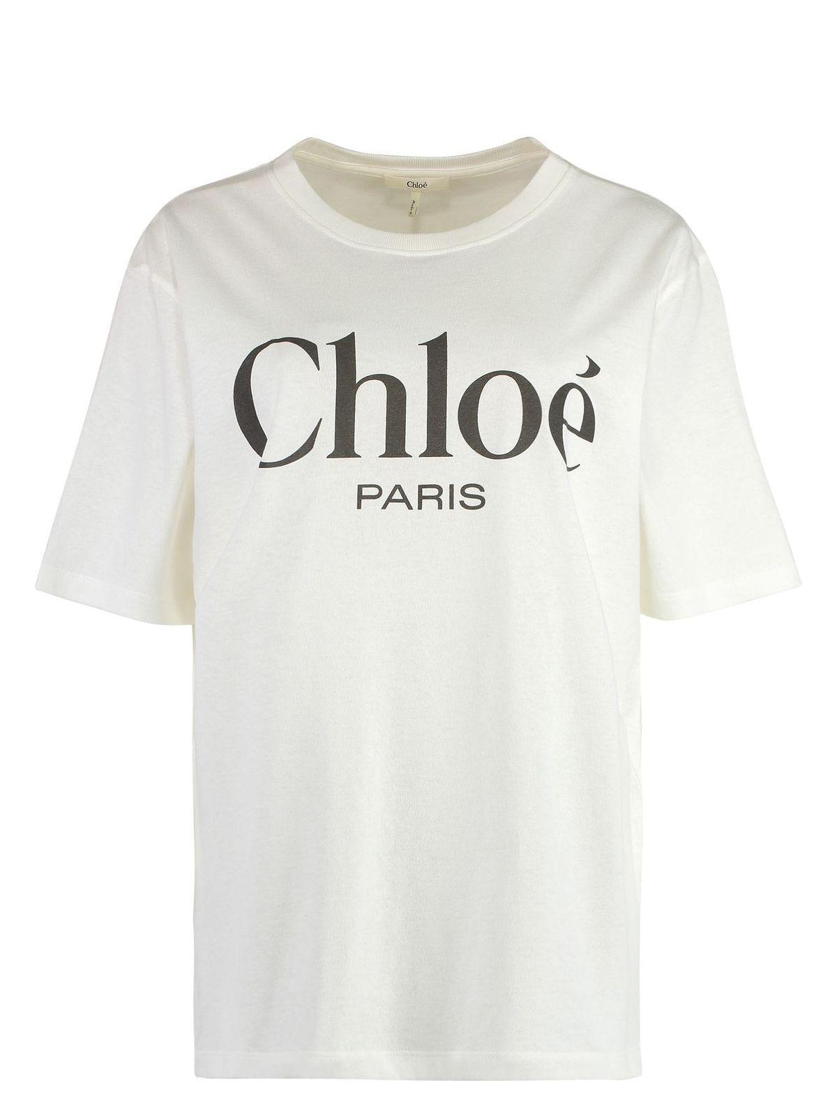 CHLOÉ White Crewneck T-shirt With Logo Print On The Front In Cotton Woman Product Image