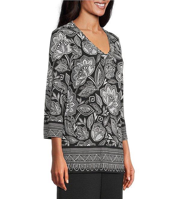 Allison Daley Petite Size Floral Beading 3/4 Sleeve V-Neck Knit Top Product Image