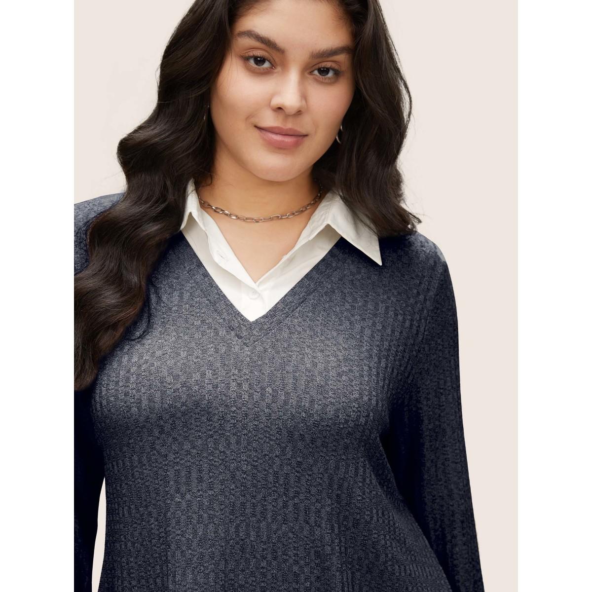 Plus Size 2-In-1 Patchwork Shirt Collar Sweatshirt Women Indigo At the Office Contrast Shirt collar Office Sweatshirts BloomChic 18-20/2X Product Image