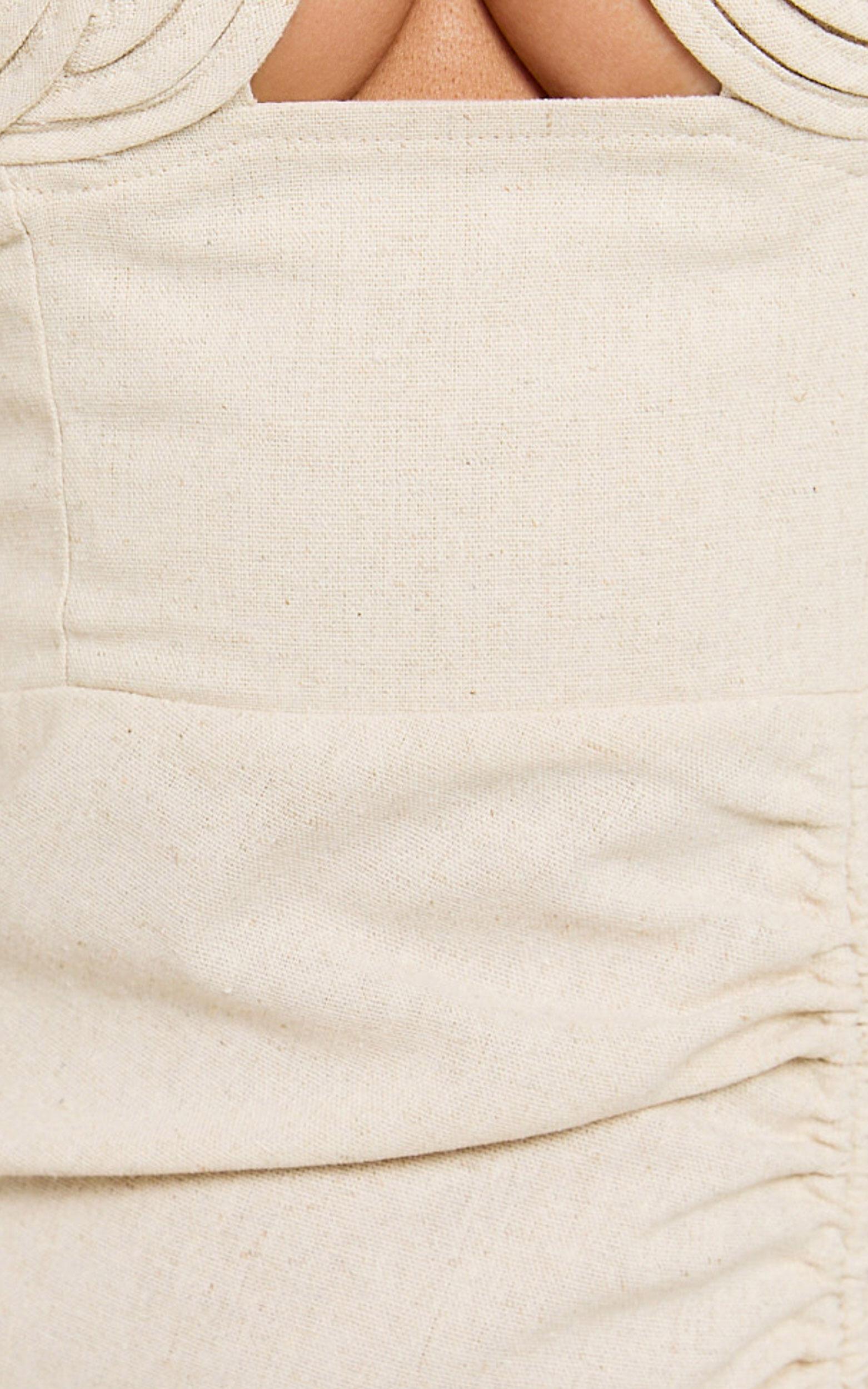 Griffin Midi Linen Blend Dress - Embroidered Tie Back Ruched Dress in Oatmeal Product Image