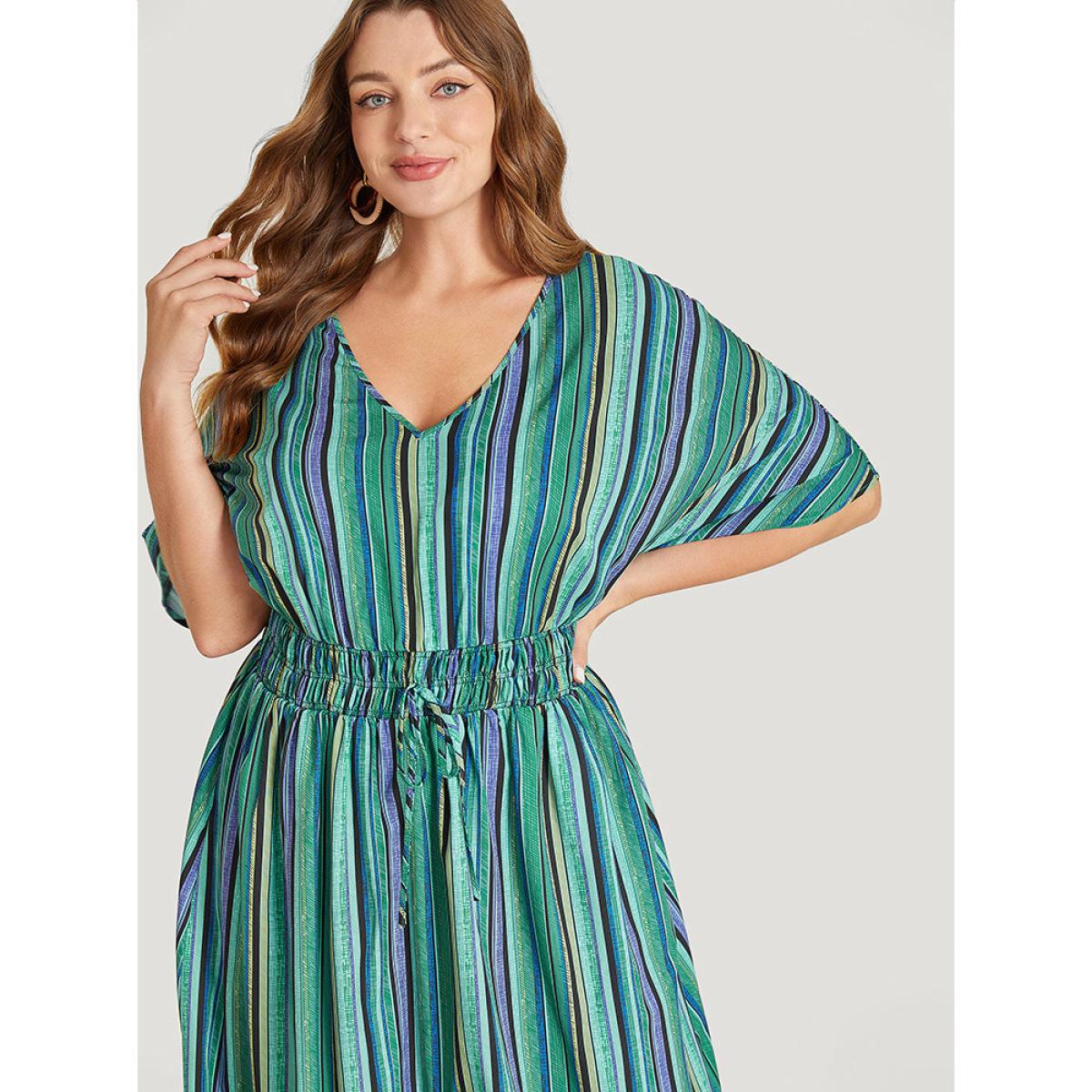 Plus Size Striped Contrast Pocket Knot Shirred Batwing Sleeve Dress Green Women Vacation Gathered V-neck Short sleeve Curvy Midi Dress BloomChic 10/M Product Image