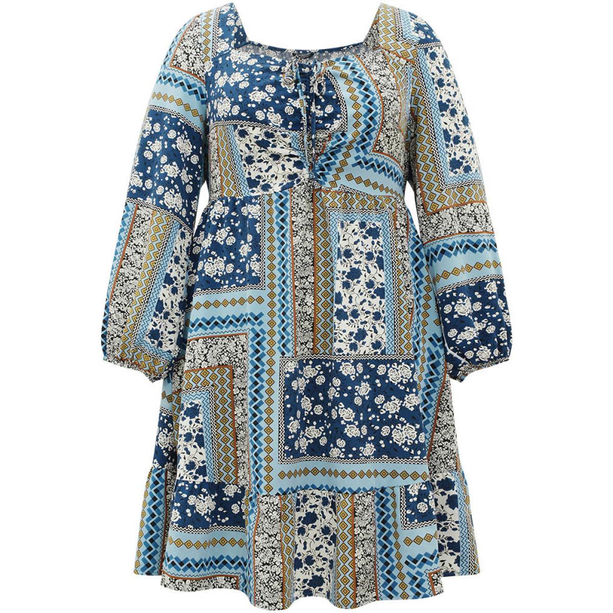 Plus Size Bandana Print Patchwork Ties Pocket Lantern Sleeve Dress Stone Women Vacation Elastic cuffs Square Neck Long Sleeve Curvy Midi Dress BloomChic 12/L Product Image