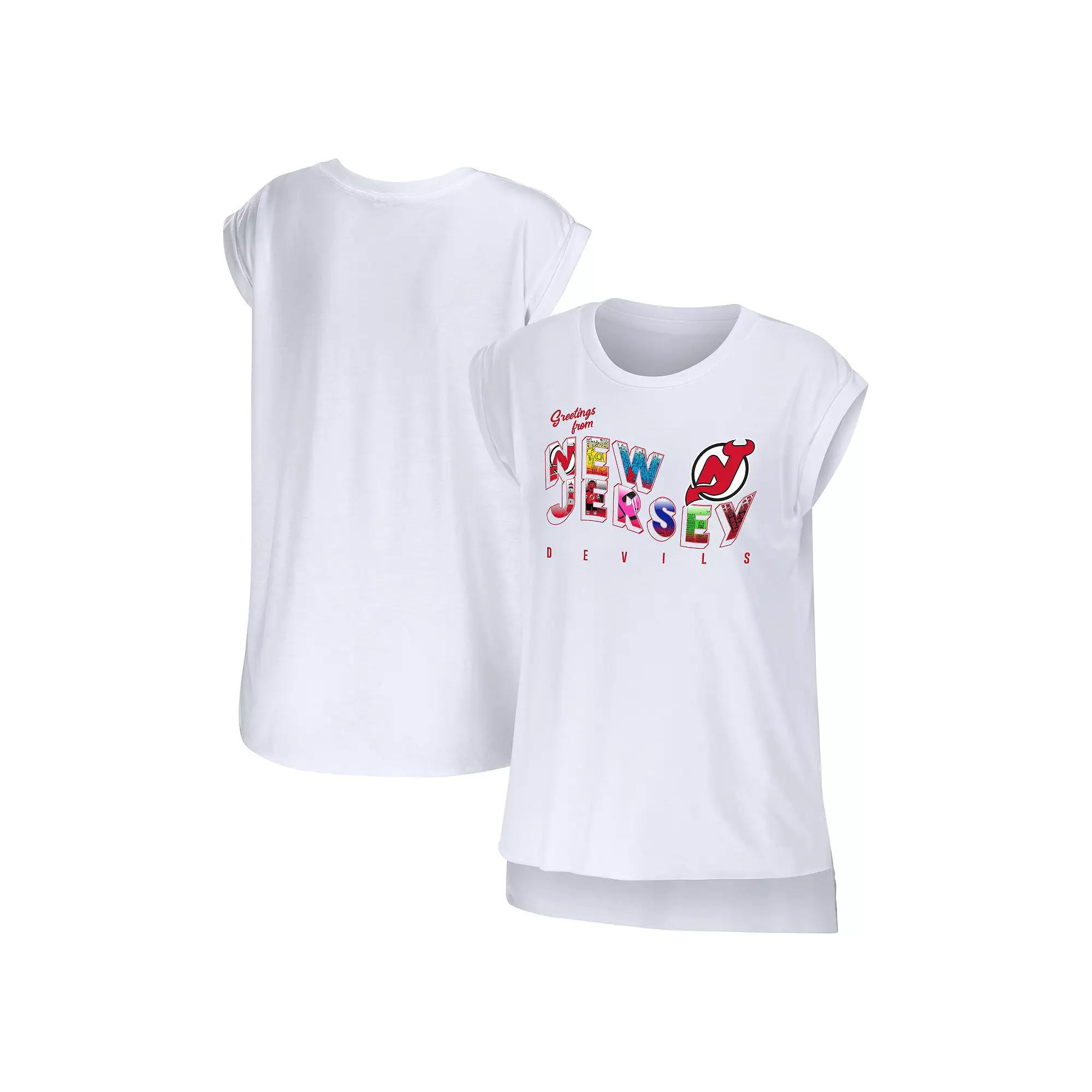 Women's WEAR by Erin Andrews White New Jersey Devils Greetings From Muscle T-Shirt,  Product Image