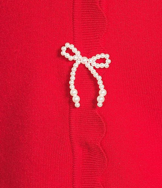 Skies Are Blue Petite Size Pearl Bow V-Neck Short Sleeve Sweater Cardigan Product Image