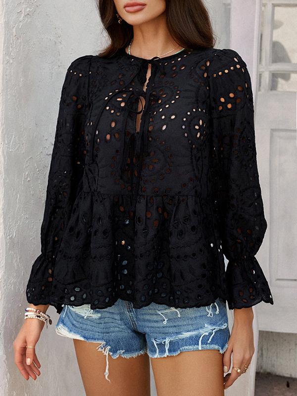 Long Sleeves Loose Elasticity Hollow Pleated Solid Color Tied Round-Neck Blouses&Shirts Tops Product Image