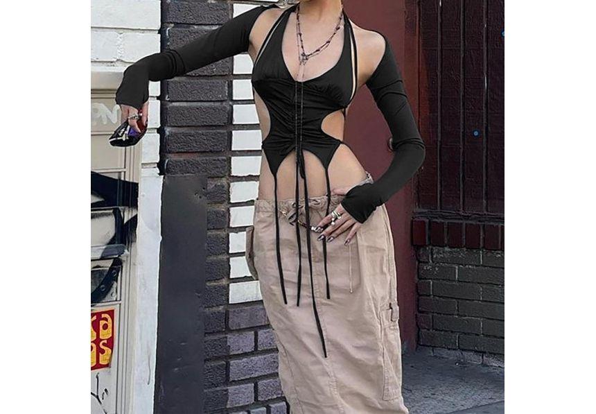 Set: Halter Open-Back Crop Top + Long-Sleeve Bolero Top Product Image