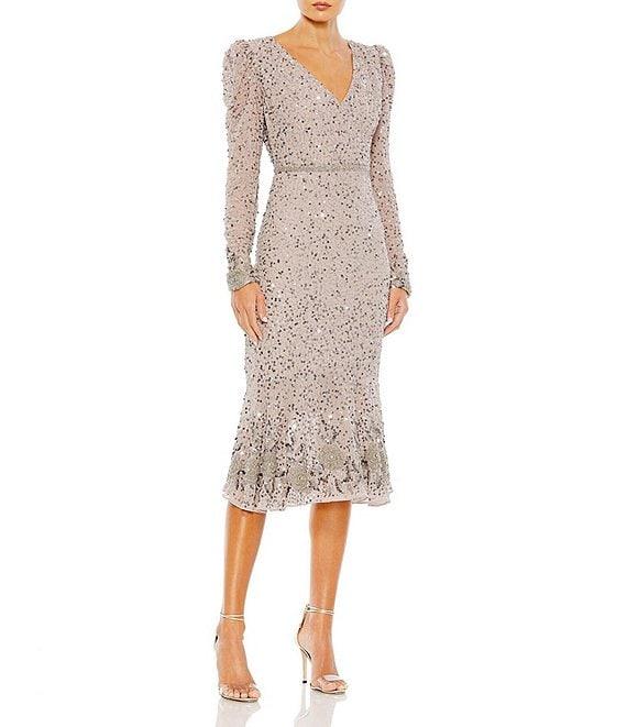 Mac Duggal Sequin Embellished Flounce Hem Surplice V-Neck Long Sleeve Midi Dress Product Image