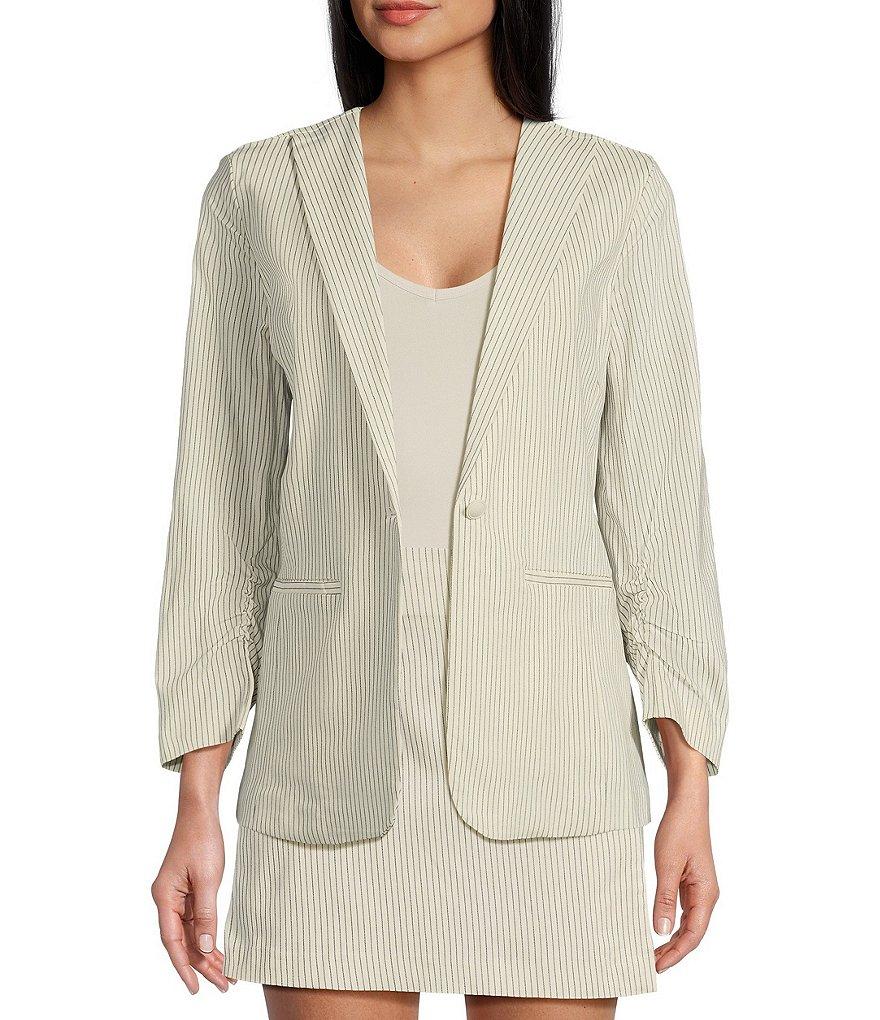 Takara Striped Notch Collar 3/4 Sleeve Shirred Blazer Jacket Product Image