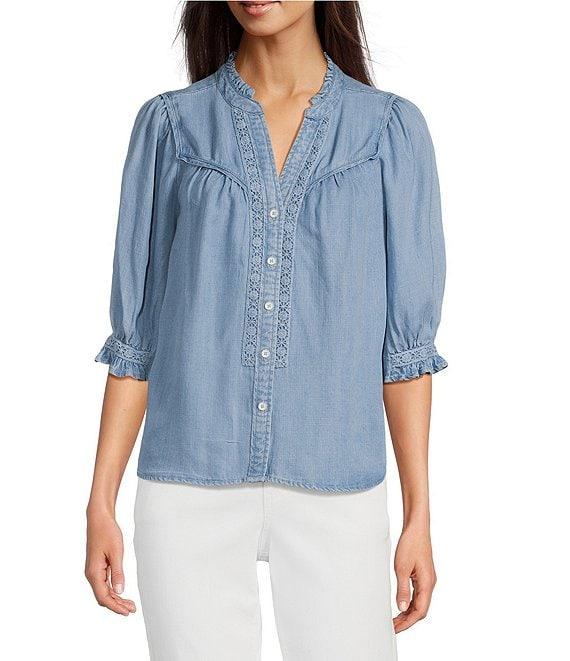 Democracy Lyocell V-Notch Neck Elbow Sleeve Crochet Inset Detail Top Product Image