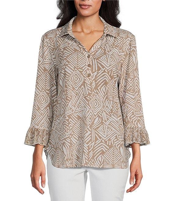 Multiples Slub Knit Georgette Printed Collared V-Neck 3/4 Sleeve Top Product Image