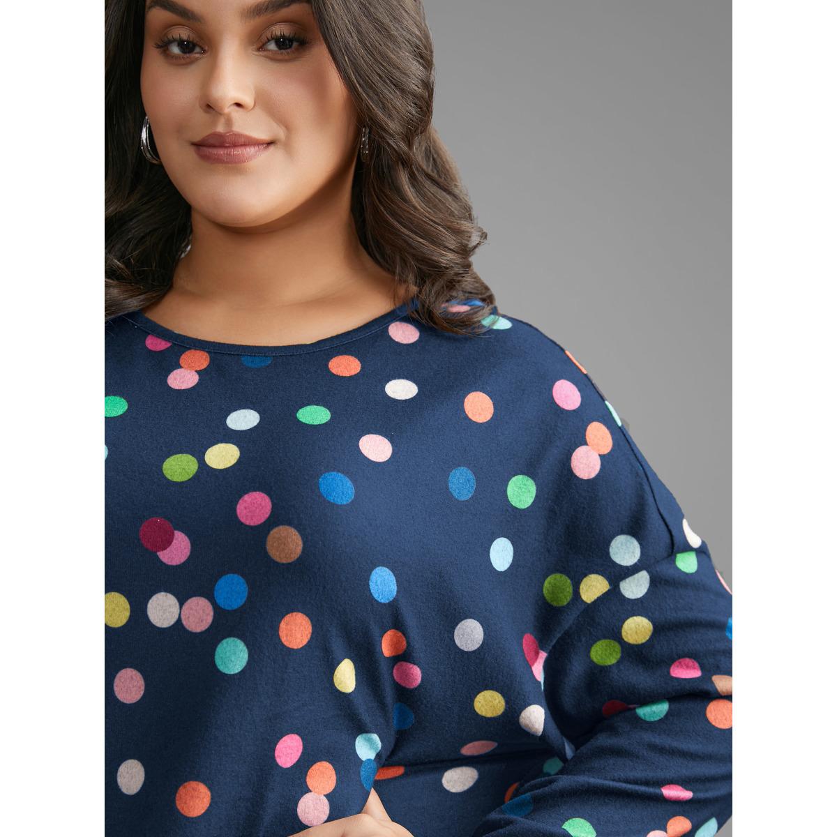 Plus Size Color Polka Dot Drop Shoulder T-Shirt Black Women Playful Contrast Round Neck Casual T-shirts BloomChic 28/5X Product Image