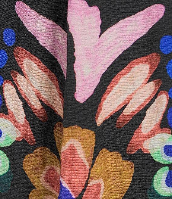 Tru Luxe Jeans Floral Crinkle Embroidered Trim Split Neck 3/4 Sleeve Top Product Image