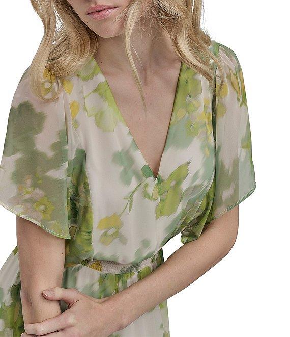 DKNY by Donna Karan Petite Size V-Neck Short Flutter Sleeve Smocked A-Line Midi Dress Product Image