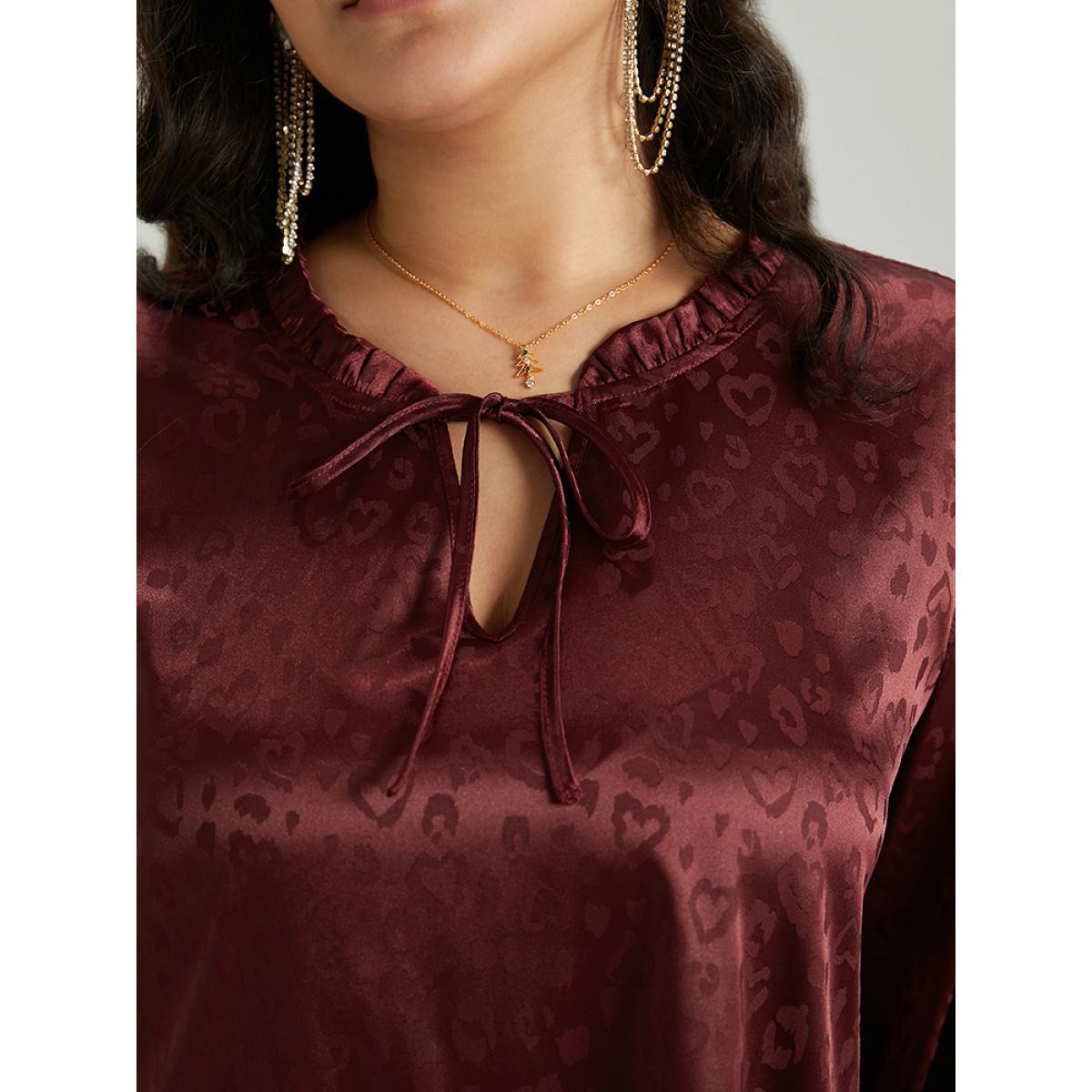 Plus Size Scarlet Solid Knot Neck Frill Trim Flutter Sleeve Blouse Women Glamour Long Sleeve Tie Neck Festival-Christmas Blouses BloomChic 14-16/1X Product Image