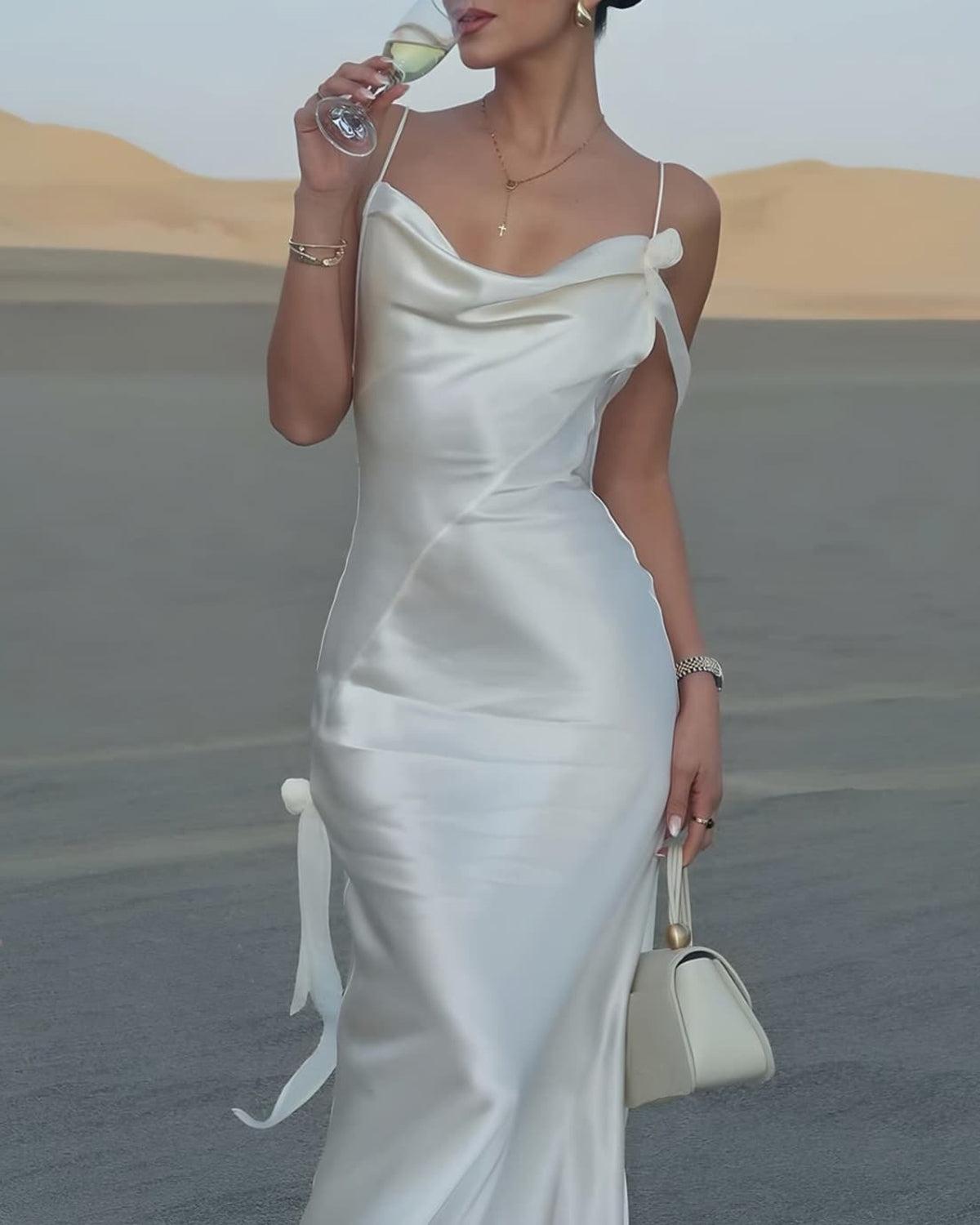 Beige Ruched Backless Slip Maxi Dress Product Image