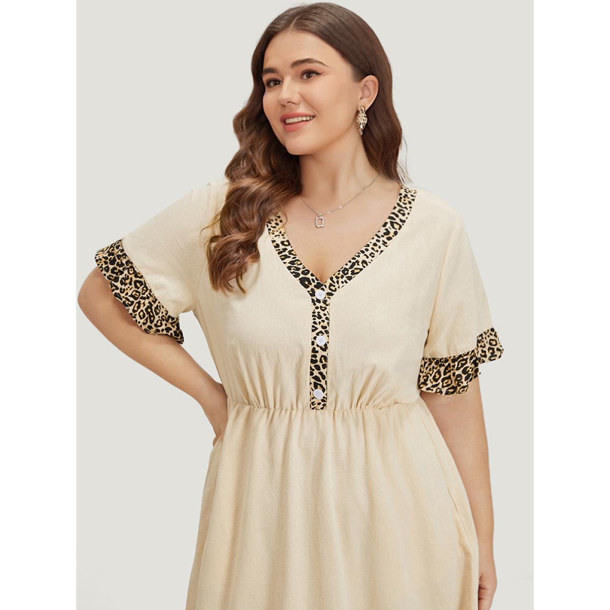 Plus Size Leopard Patchwork Pocket Flutter Trim Button Detail Dress Apricot Women Office Plain V-neck Short sleeve Curvy Midi Dress BloomChic 18-20/2X Product Image