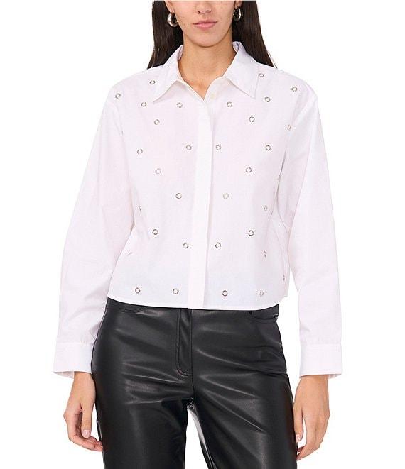 Vince Camuto Poplin Point Collar Long Sleeve Grommet Detail Cropped Button Front Blouse Product Image