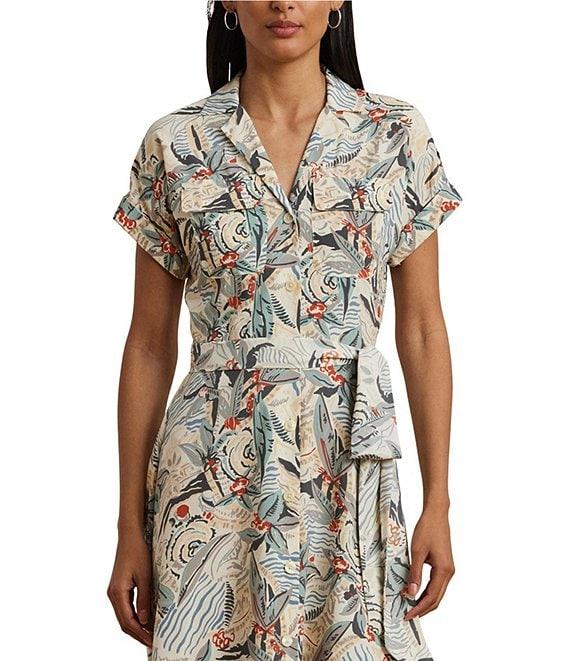 Lauren Ralph Lauren Crepe de Chine Abstract Print Camp Collar Short Sleeve Belted Shirt Dress Product Image