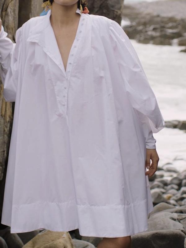 Long Sleeves Loose Buttoned Solid Color Stand Collar Mini Dresses Shirt Dress Product Image