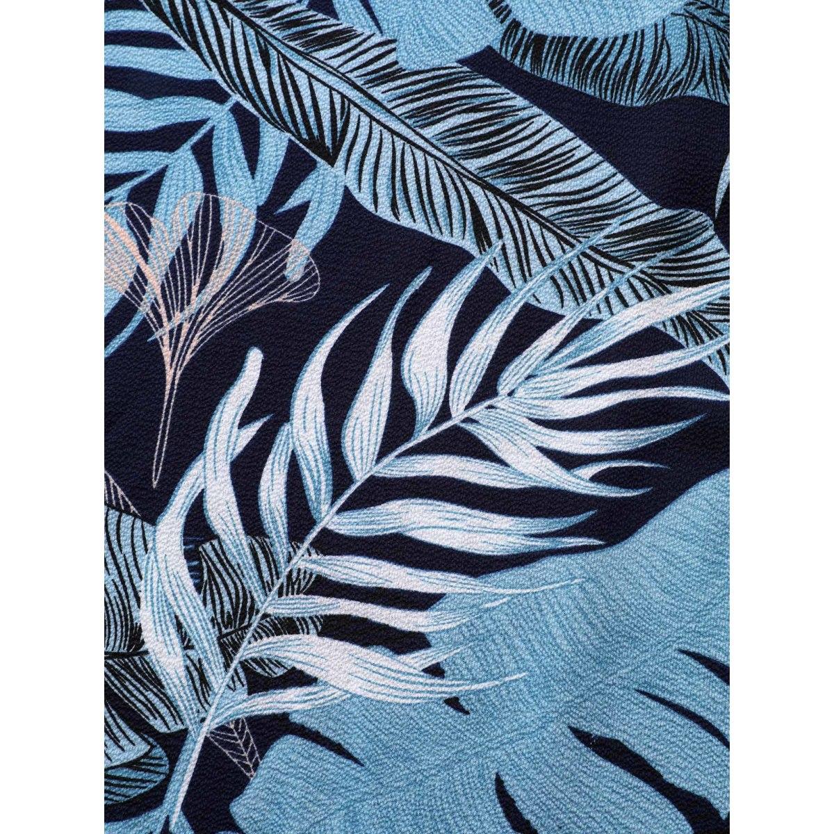 Plus Size Tropical Leaf Print Pockets Belted Midi Dress DarkBlue Women Overlap Collar Short sleeve Curvy BloomChic 18-20/2X Product Image