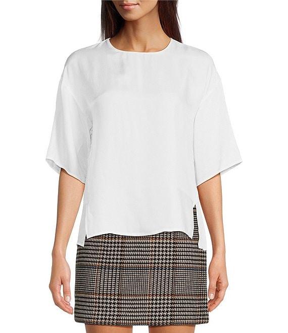 Le' AL.X Woven Crew Neck Dropped Short Sleeve Split Hem Blouse Product Image