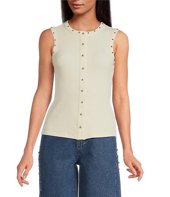 Never Fully Dressed Ribbed Knit Crew Neck Sleeveless Studded Button Front Tank Product Image
