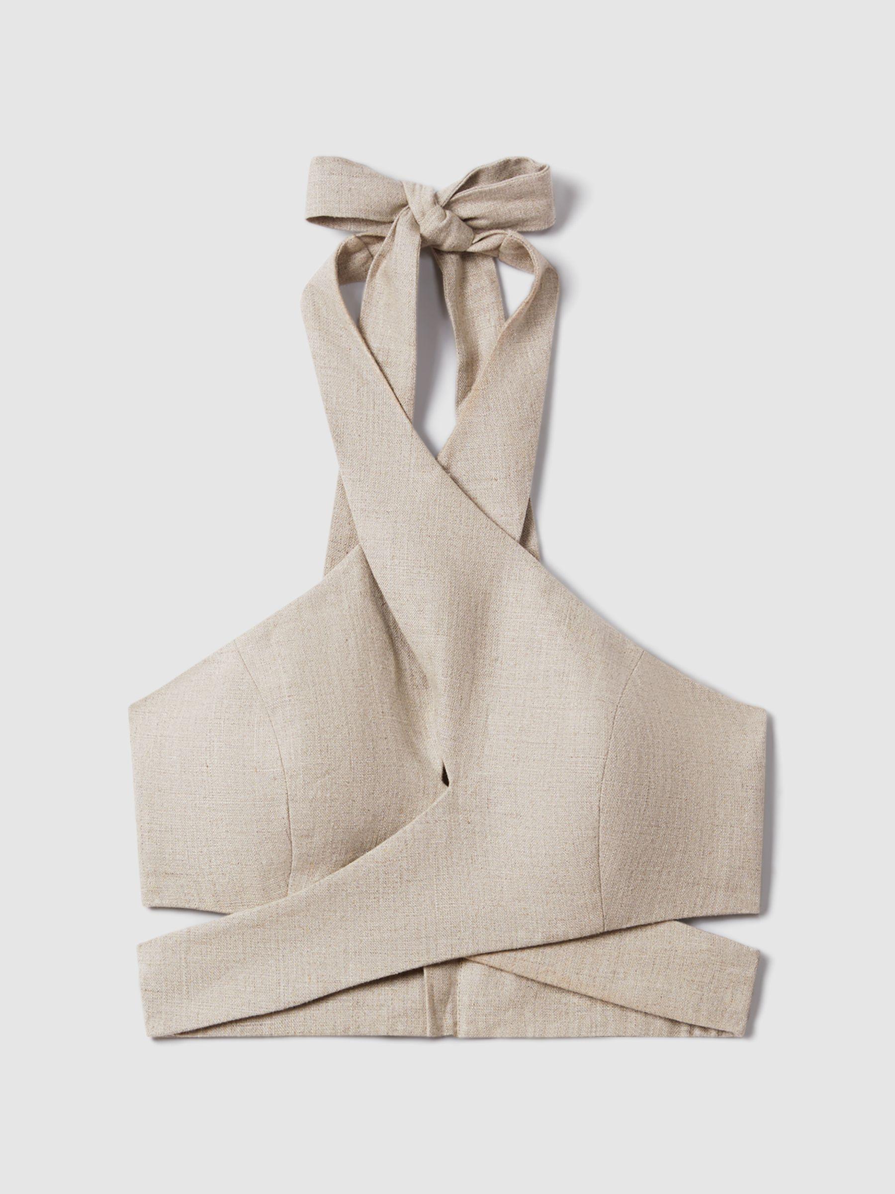 Linen Halter Neck Cropped Top in Neutral Product Image