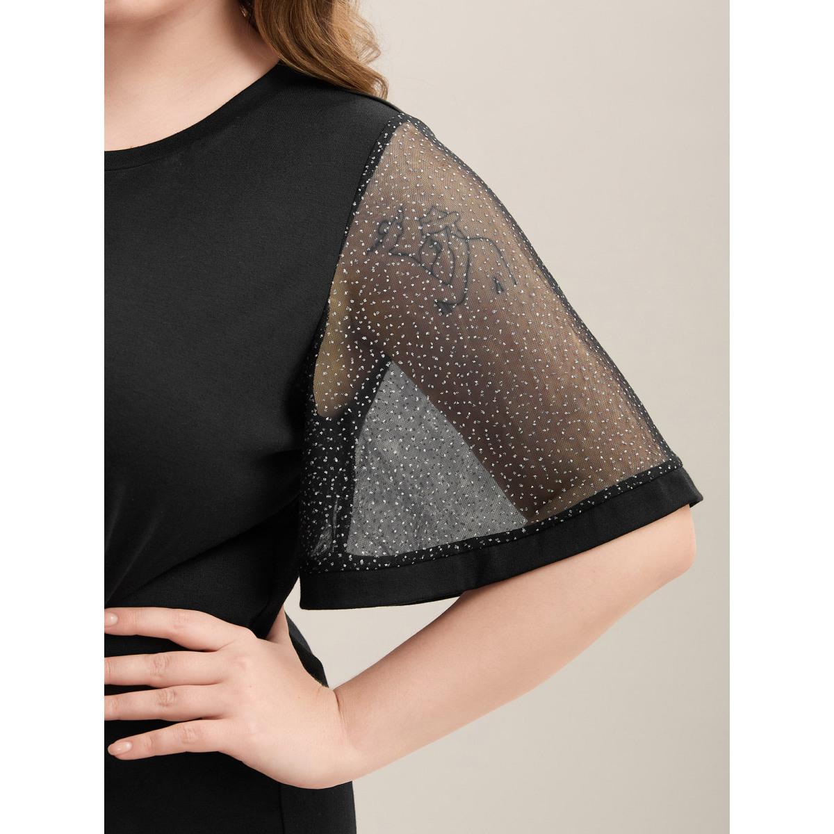 Plus Size Sheer Luxe Mesh Sleeve Round Neck T-Shirt Black Women Elegant See through Round Neck Everyday T-shirts BloomChic 14-16/1X Product Image