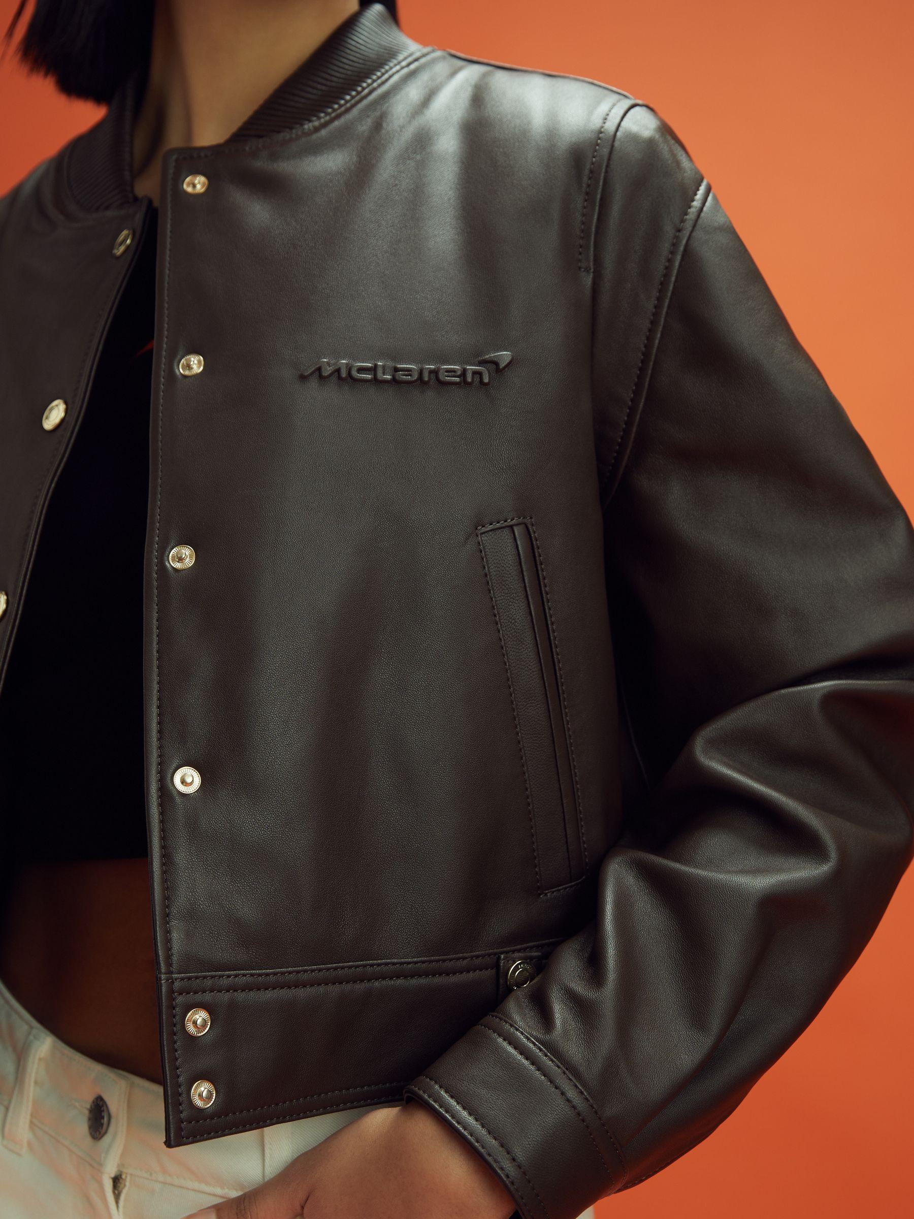 McLaren F1 Cropped Leather Bomber Jacket in Chocolate Product Image