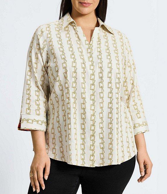 Foxcroft Plus Size Taylor Chain Stripe Print Wrinkle Free Cotton Sateen 3/4 Sleeve Button-Front Shirt Product Image