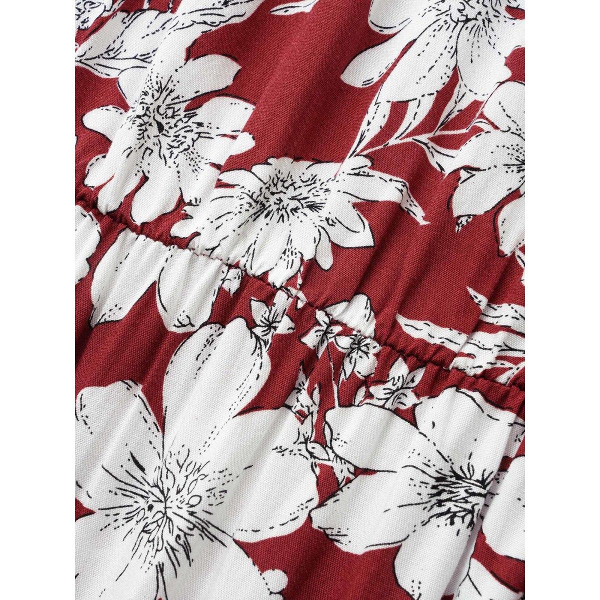 Plus Size Square Neck Floral Print Belted Gathered Dress Russet Women Elegant Gathered Square Neck Short sleeve Curvy Midi Dress BloomChic 22-24/3X Product Image