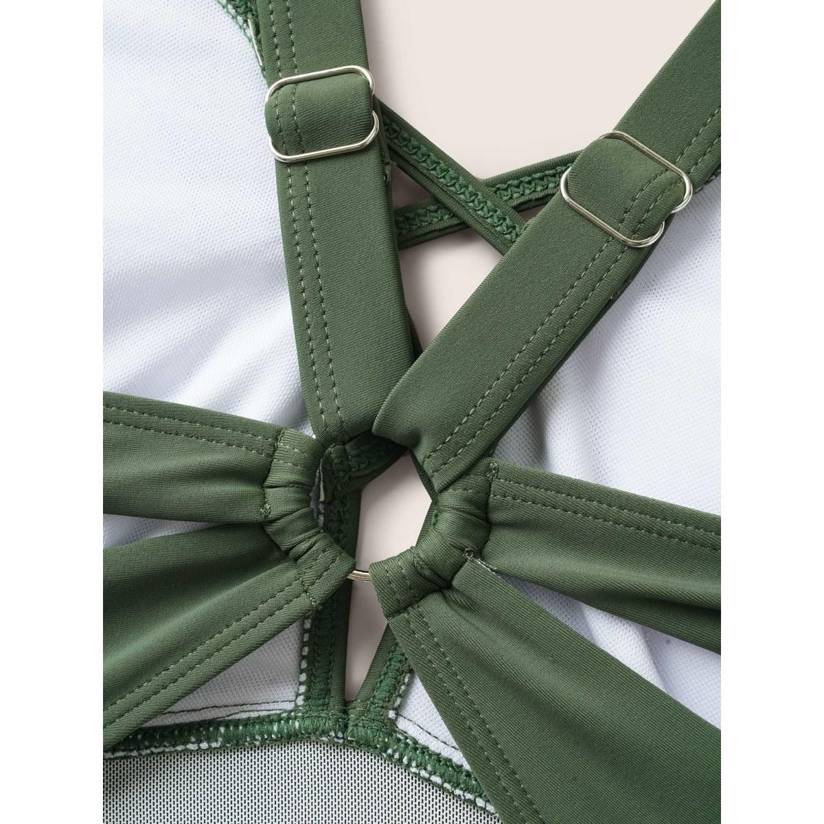 Plus Size Solid Crisscross Cut Out Backless One Piece Swimsuit Women's Swimwear ArmyGreen Beach Gathered Curve Bathing Suits High stretch One Pieces BloomChic 26/4X Product Image