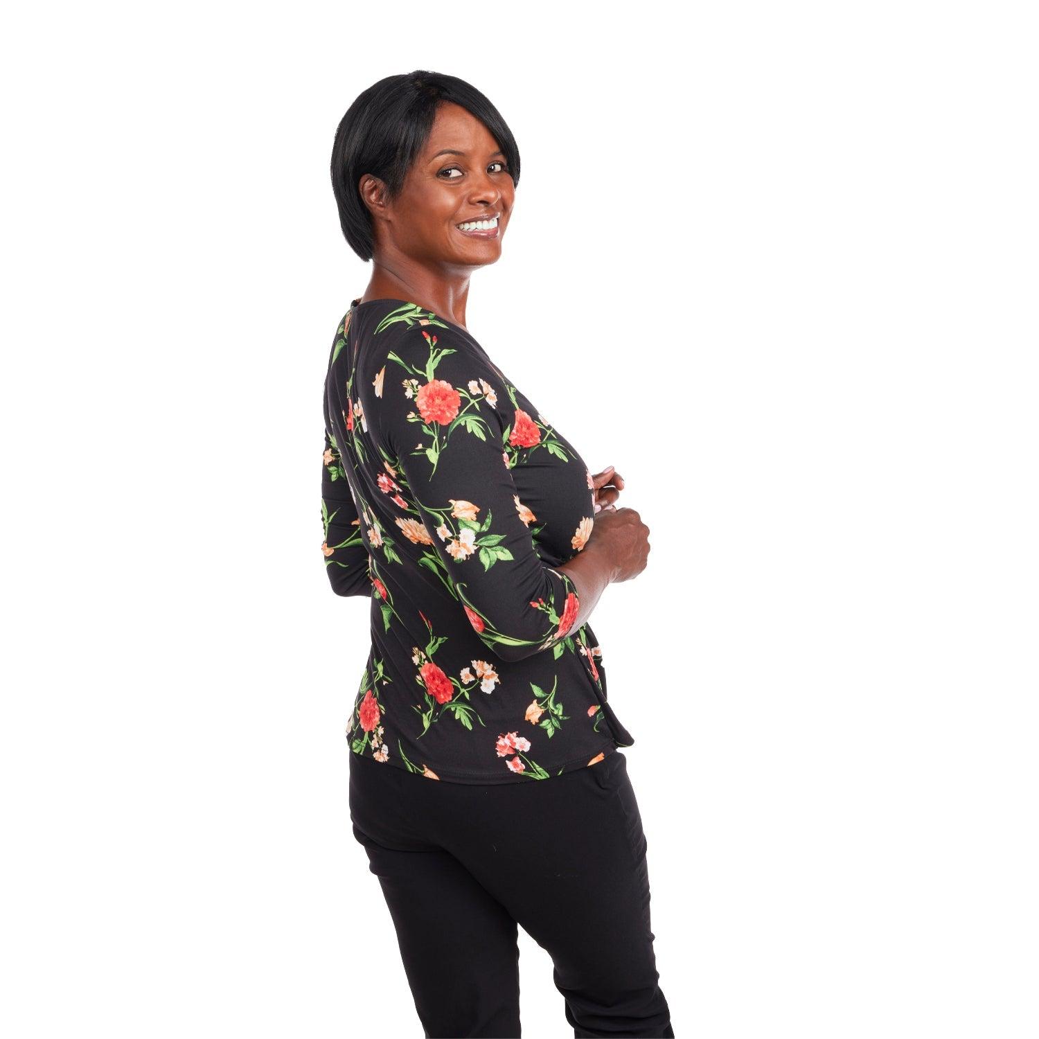 Inner Beauty 3/4 Sleeve Surplice Front V-Neck Black Floral Top Product Image