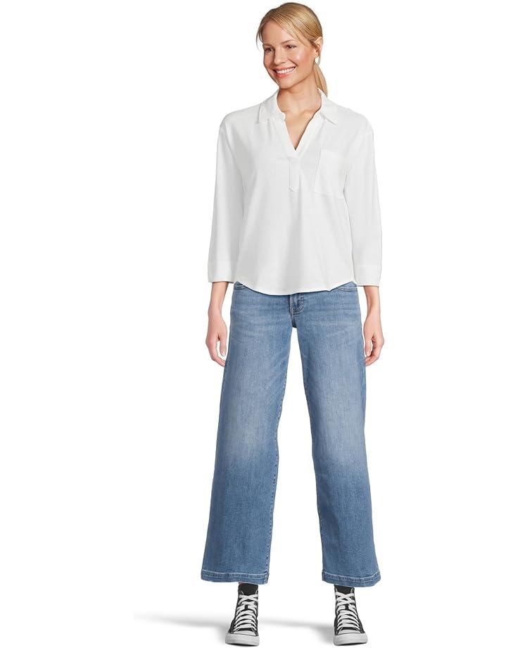 Premium Washable Linen Shirt Split-Neck Stripe Product Image