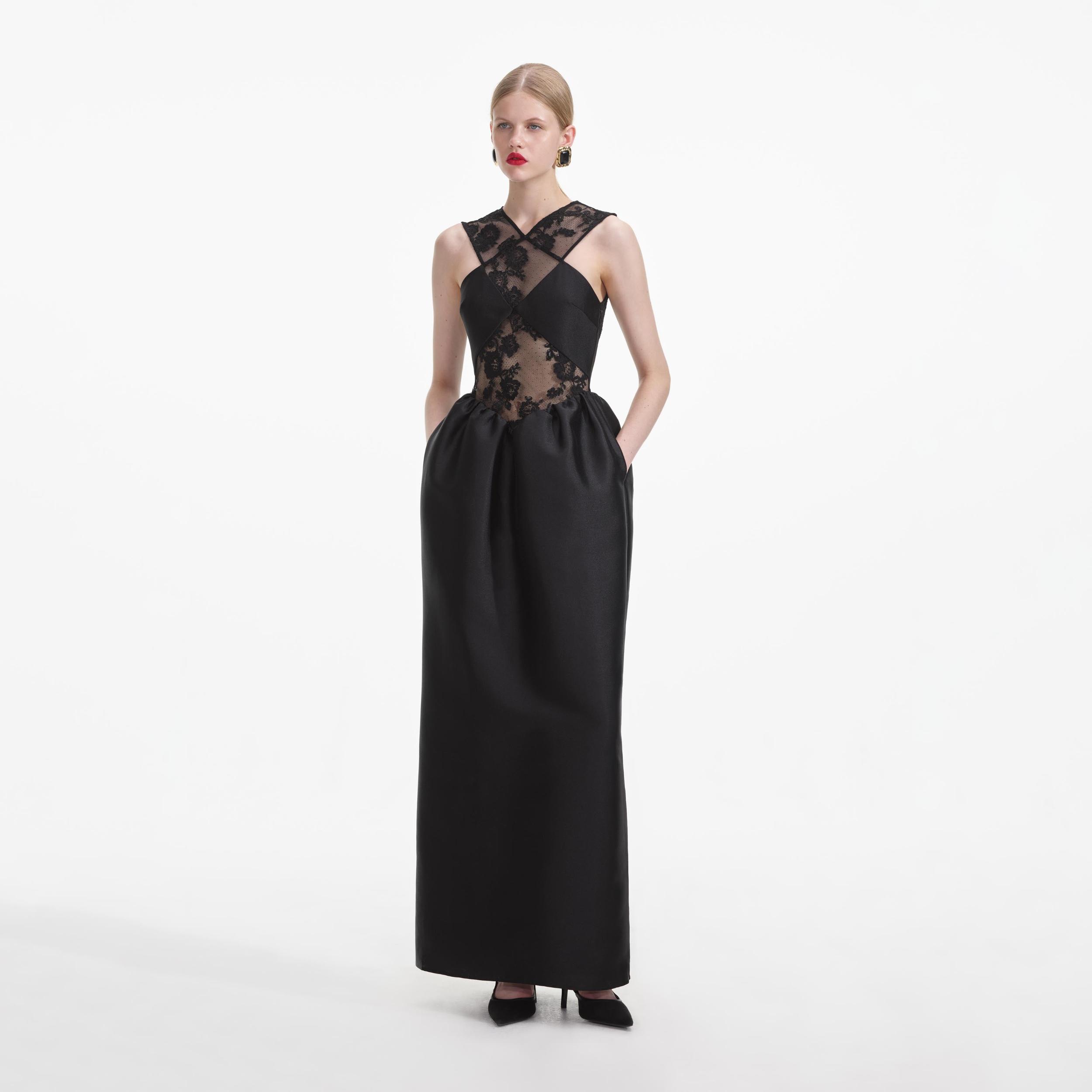 Black Lace Taffeta Maxi Dress Product Image