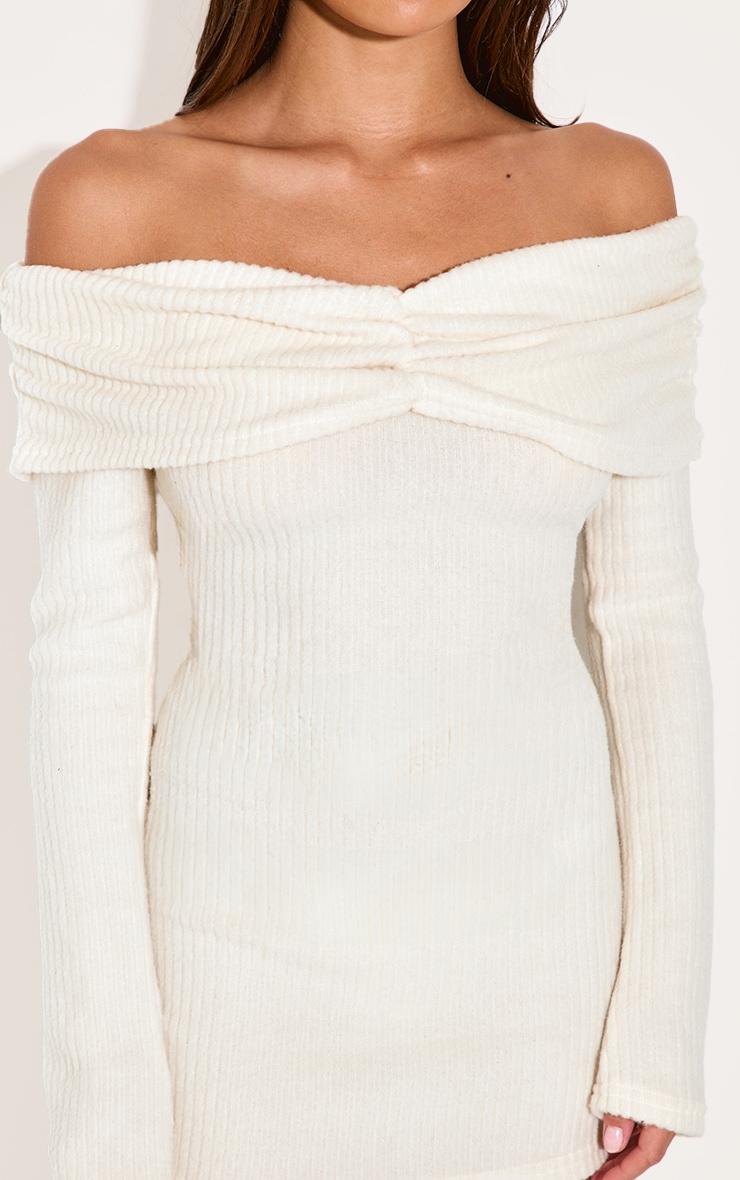 Cream Brushed Rib Bardot Long Sleeve Bodycon Dress Product Image