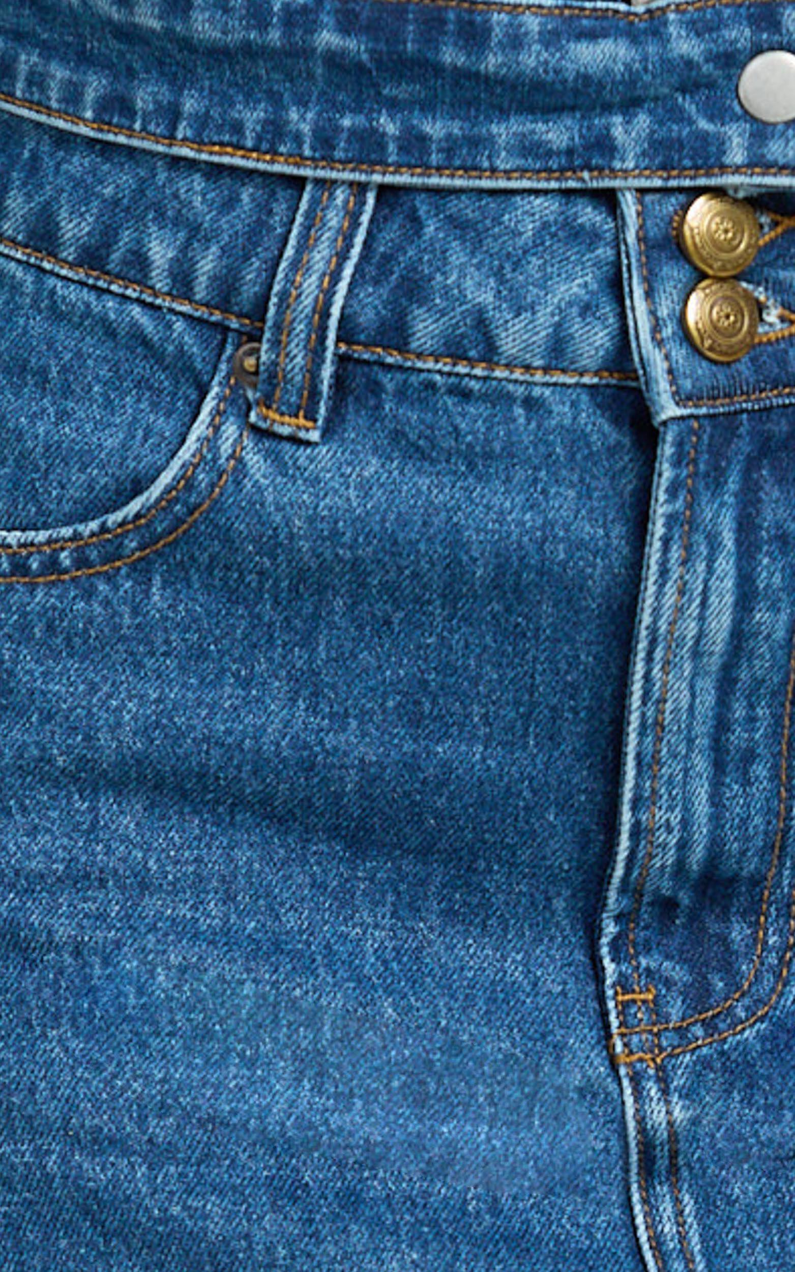 Pamela Mini Skirt - Low Rise Double Button Recycled Denim Skirt in Dark Blue Wash Product Image