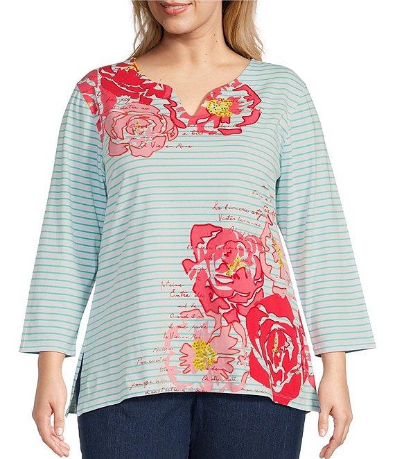 Ruby Rd. Plus Size Knit Floral Embroidered Split Neck 3/4 Sleeve Top Product Image