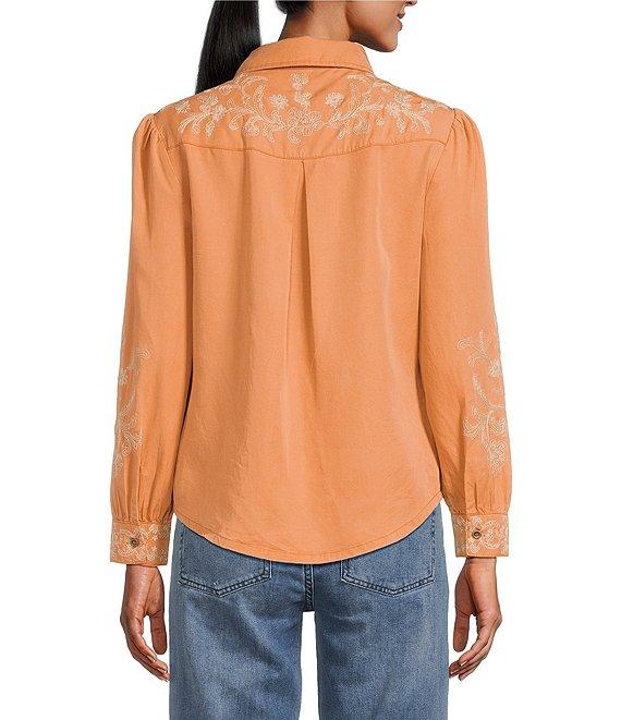 Reba Prescott Woven Point Collar Long Sleeve Embroidered Peasant Shirt Product Image