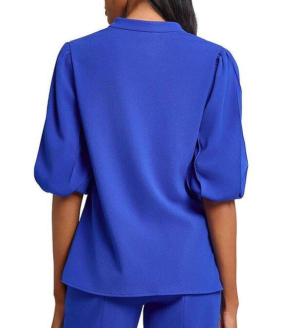 Ming Wang Stretch Crepe Split V-Neck Elbow Puff Sleeve Blouse Product Image