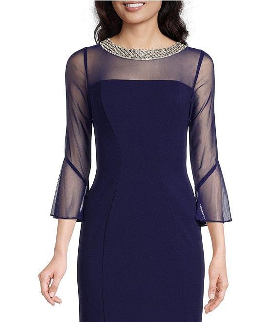 Alex Evenings Illusion 3/4 Mesh Bell Sleeve Boat Neck Crepe Sheath Dress Product Image