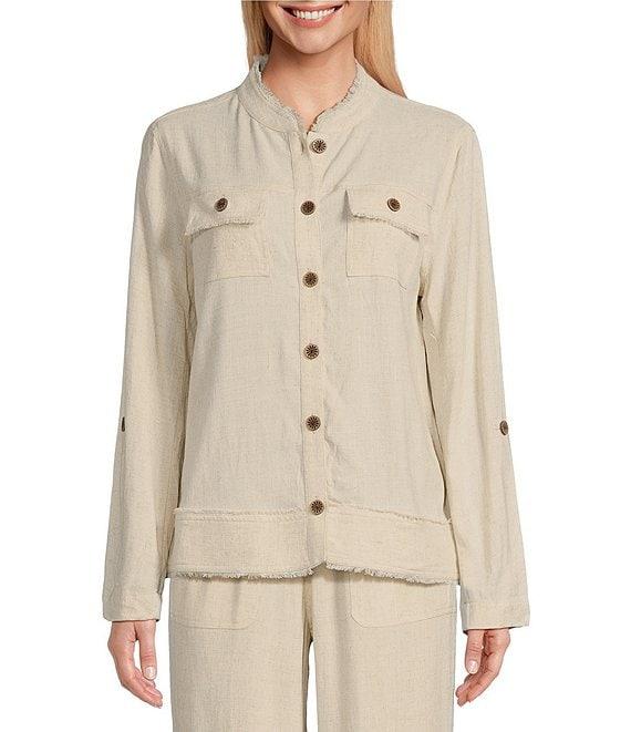 Multiples Solid Linen-Blend Stand Collar Long Roll-Tab Sleeve Button-Front Fitted Coordinating Shirt Product Image