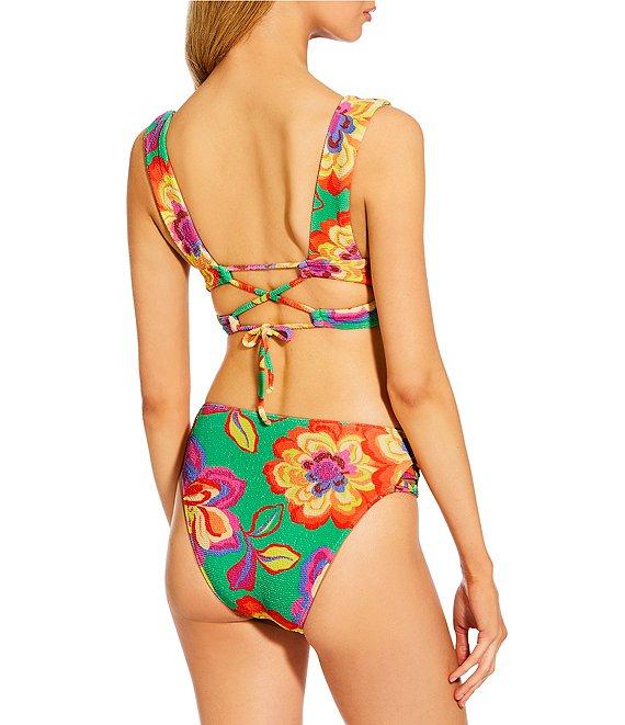 GB Bright Bloom Green Scrunchie Textured Wide Shoulder Longline Bralette Swim Top Product Image